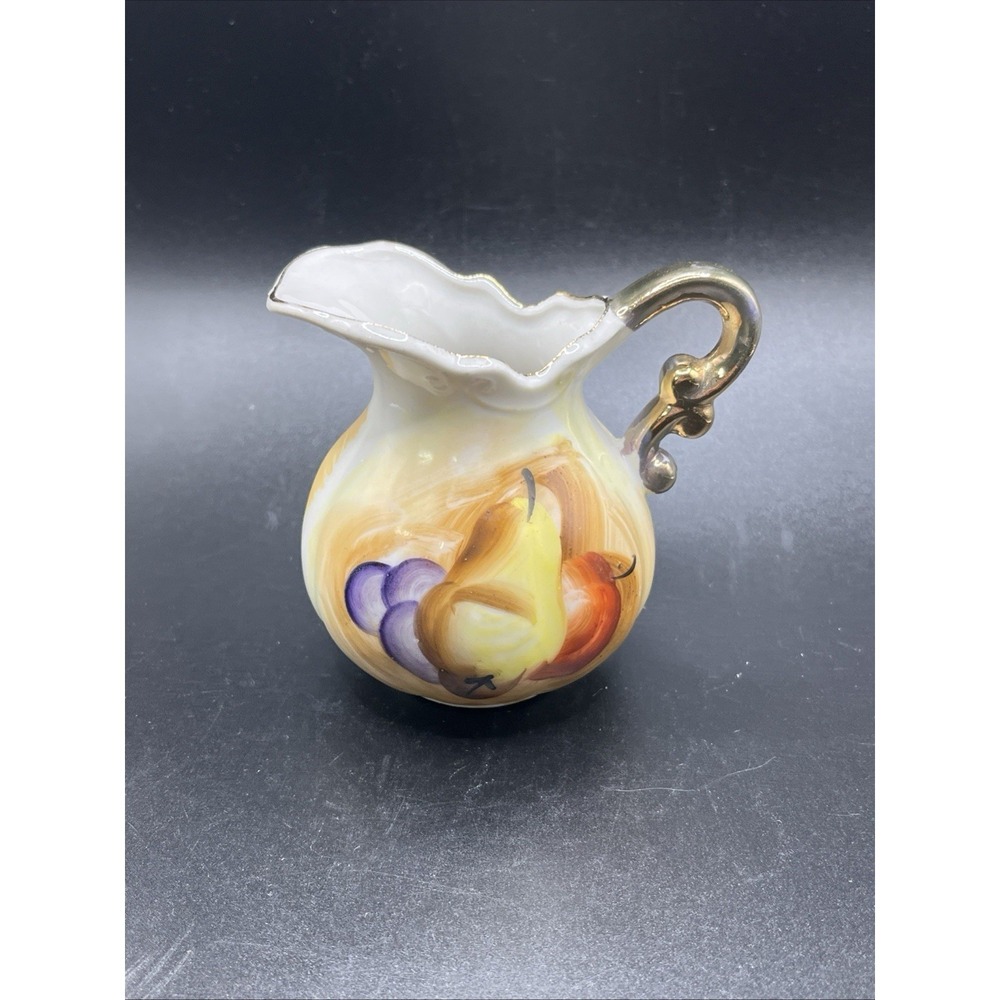 ArtMark Porcelain Creamer Vintage Hand Painted Fruit Motif Gold Trim Pitcher 3in